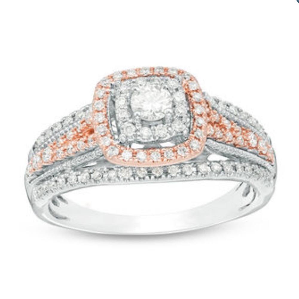 1/2 CT. T.W. Diamond Double Cushion Frame Engagement Ring in 10K Two-Tone Gold